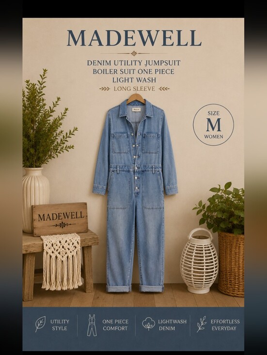 Madewell Pants - Madewell Denim Utility Jumpsuit Boiler Suit One Piece Light Wash Long Sleeve